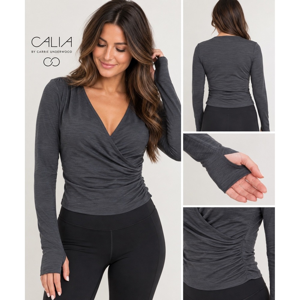 Calia Carrie Underwood Wrap Top S Gray Ruched Long Sleeve Thumbholes Athletic